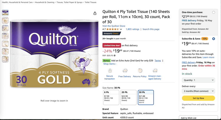 Amazon: Quilton 4 Ply Toilet Tissue (140 Sheets per Roll, 11cm x 10cm), 30 count, Pack of 30 – 24% Off – $19.69